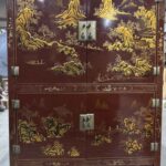 Vintage Chinese Gold Painting Red Lacquer Cabinet