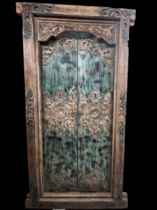 Hand Carved Javanese Wooden Door Bali Flower Green