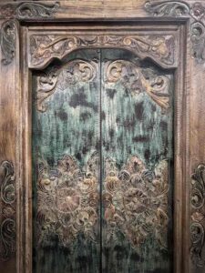 Hand Carved Javanese Wooden Door Bali Flower Green - Image 2