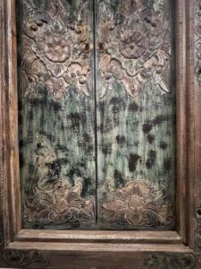 Hand Carved Javanese Wooden Door Bali Flower Green - Image 4