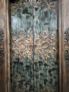 Hand Carved Javanese Wooden Door Bali Flower Green - Image 3