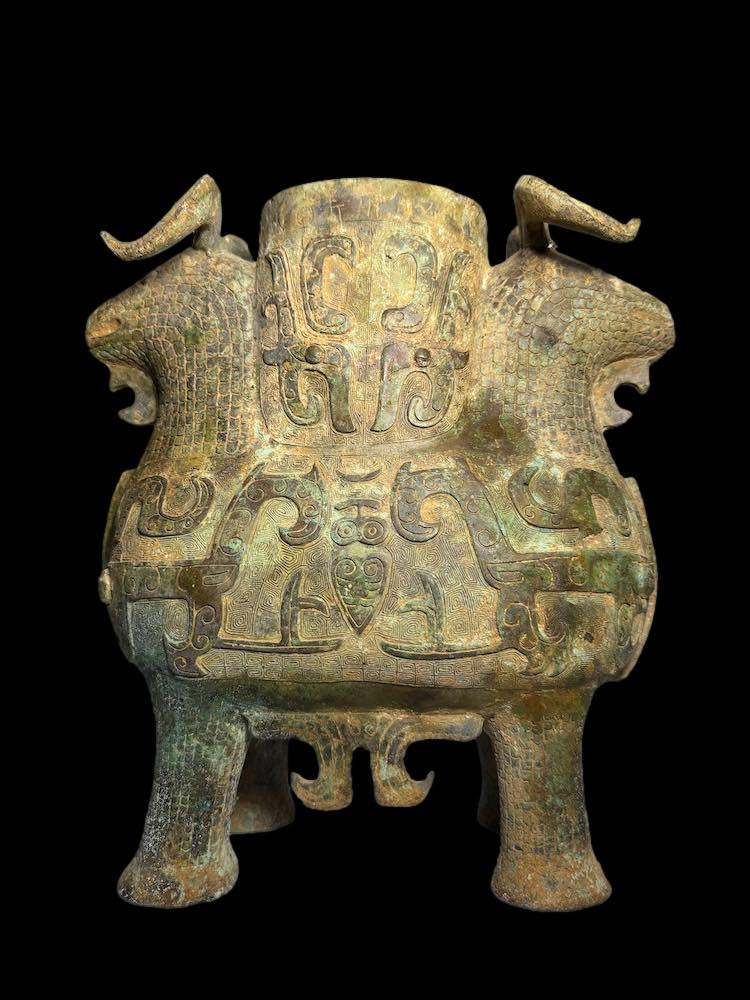 Double Ram Bronze Zun Vessel Shang Era Style