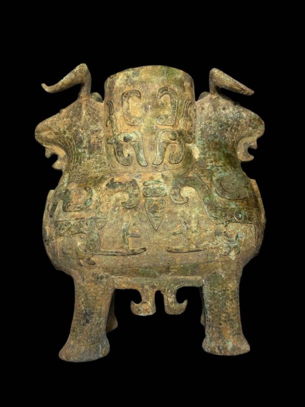 Double Ram Bronze Zun Vessel Shang Era Style - Image 5