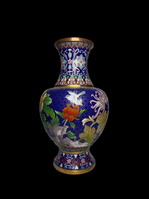 Chinese Cloisonne Vase Royal Blue Floral Blossom - Image 2
