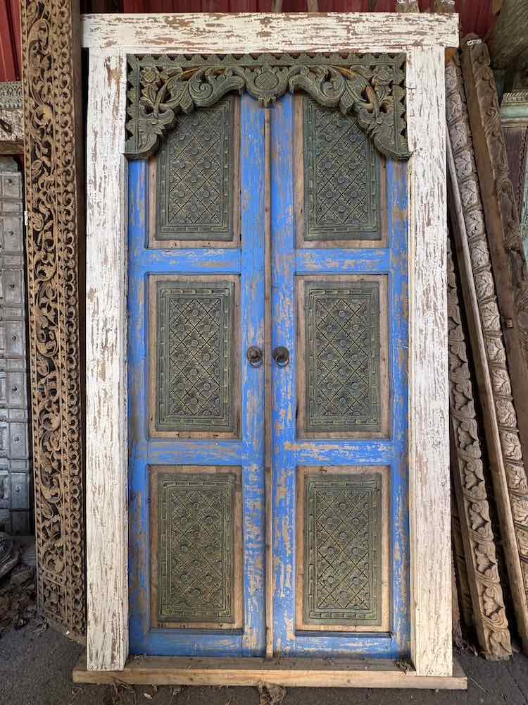 Old Hand Carved Javanese Door Ornate Blue