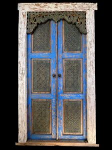 Old Hand Carved Javanese Door Ornate Blue - Image 2