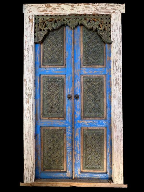 Old Hand Carved Javanese Door Ornate Blue - Image 2