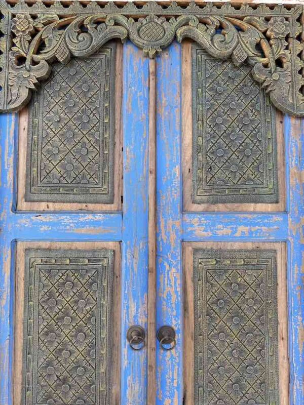 Old Hand Carved Javanese Door Ornate Blue - Image 3