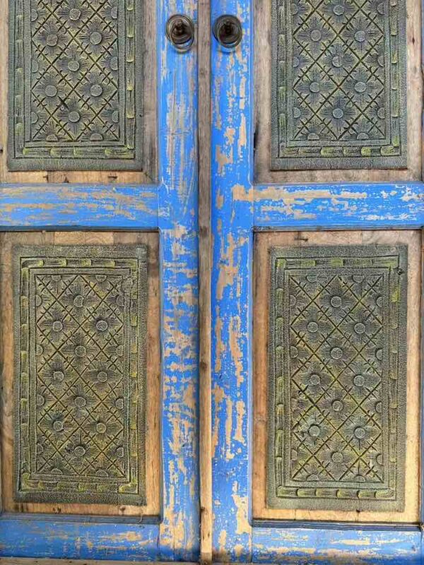 Old Hand Carved Javanese Door Ornate Blue - Image 4