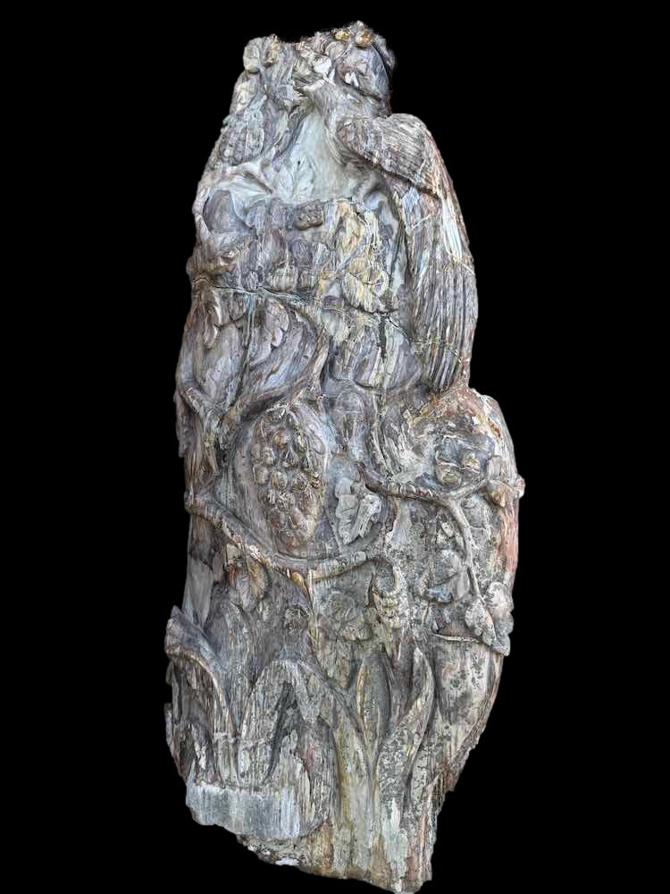 Hand Carved Petrified Wood - Peacock Atop Grape Vine