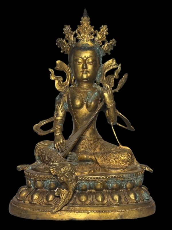 Old Sino Tibet Gold Gilded Saraswati Bronze - Image 1