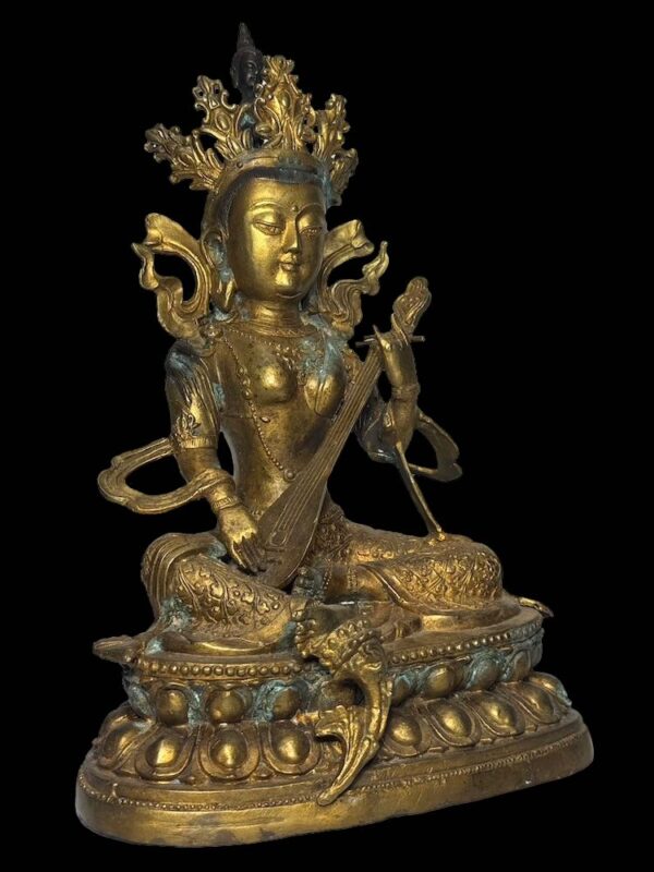 Old Sino Tibet Gold Gilded Saraswati Bronze - Image 3