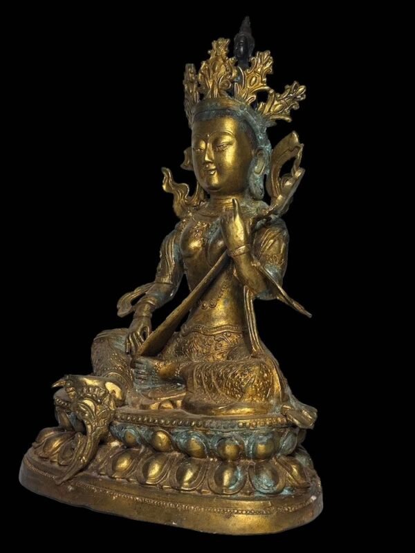 Old Sino Tibet Gold Gilded Saraswati Bronze - Image 4