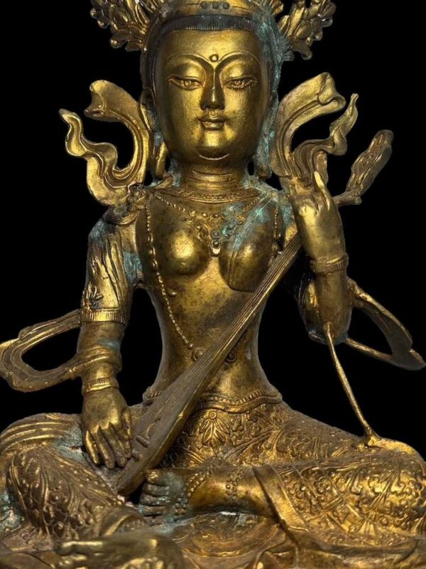 Old Sino Tibet Gold Gilded Saraswati Bronze - Image 2