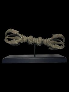 Large Brass Double Dorji Vajra Ritual Tool On Black Stand - Image 3