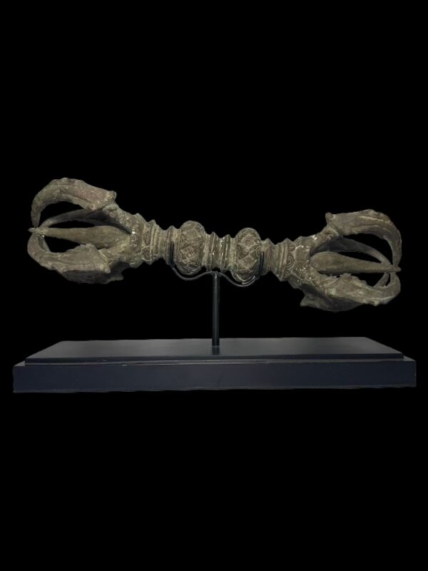 Large Brass Double Dorji Vajra Ritual Tool On Black Stand - Image 3