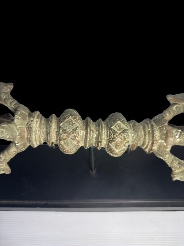 Large Brass Double Dorji Vajra Ritual Tool On Black Stand - Image 4