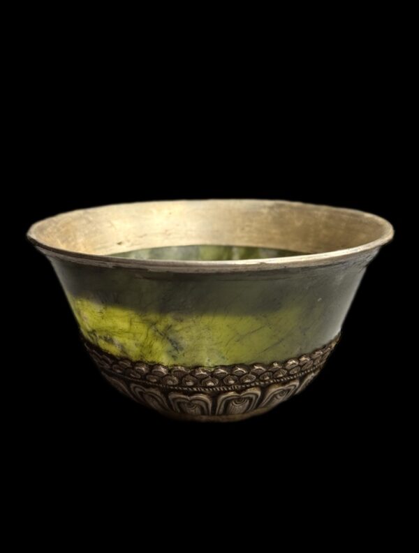 Tibetan Green Jade Silver Buddhism Offering Cup B - Image 1