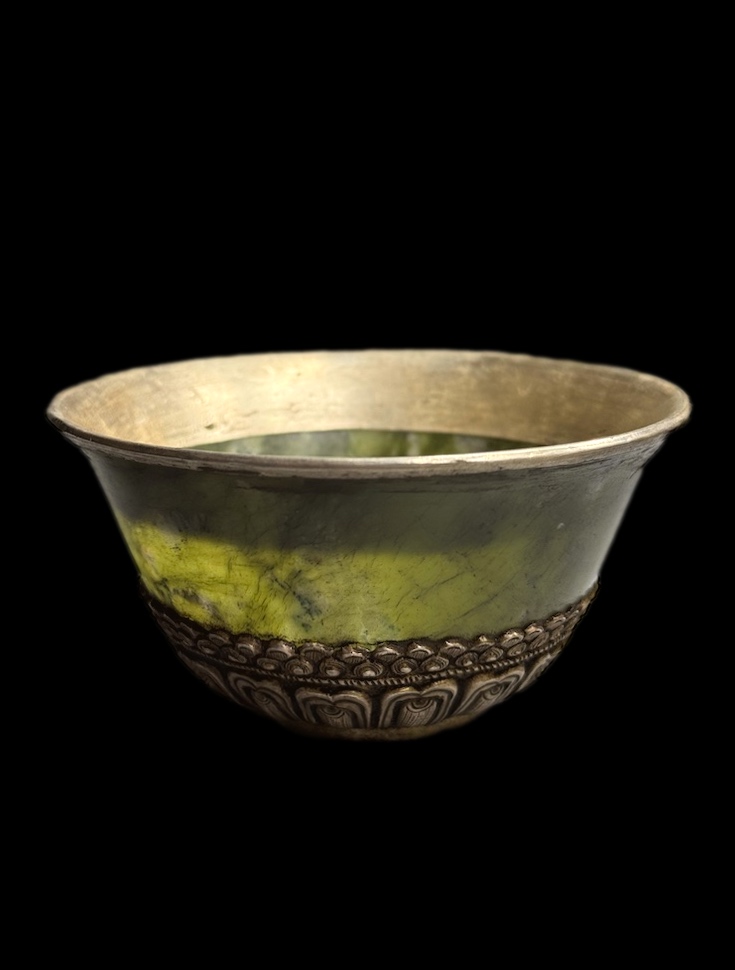 Tibetan Green Jade Silver Buddhism Offering Cup B
