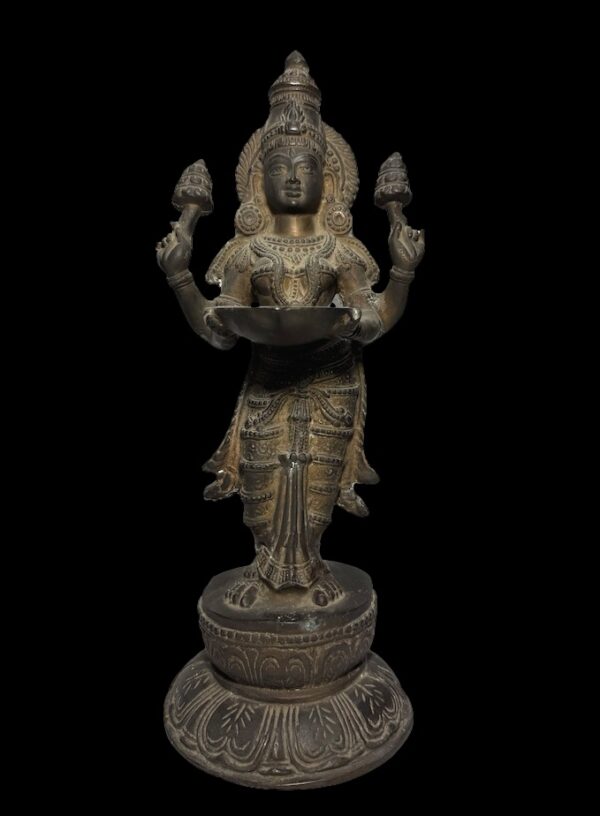 Old Brass Lakshmi Stands Atop Lotus Base - Image 1