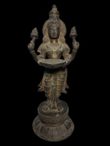 Old Brass Lakshmi Stands Atop Lotus Base - Image 2