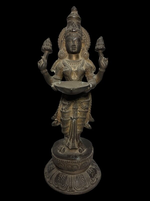 Old Brass Lakshmi Stands Atop Lotus Base - Image 2