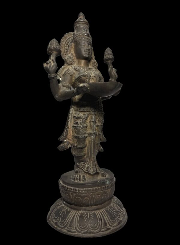 Old Brass Lakshmi Stands Atop Lotus Base - Image 3