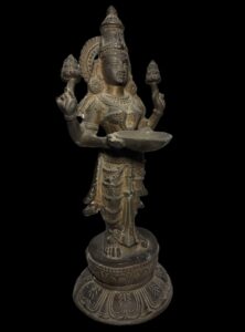 Old Brass Lakshmi Stands Atop Lotus Base - Image 4