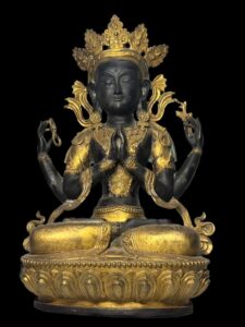 18" Old Sino-Tibetan Gold Gilded Four Armed Avalokiteshvara