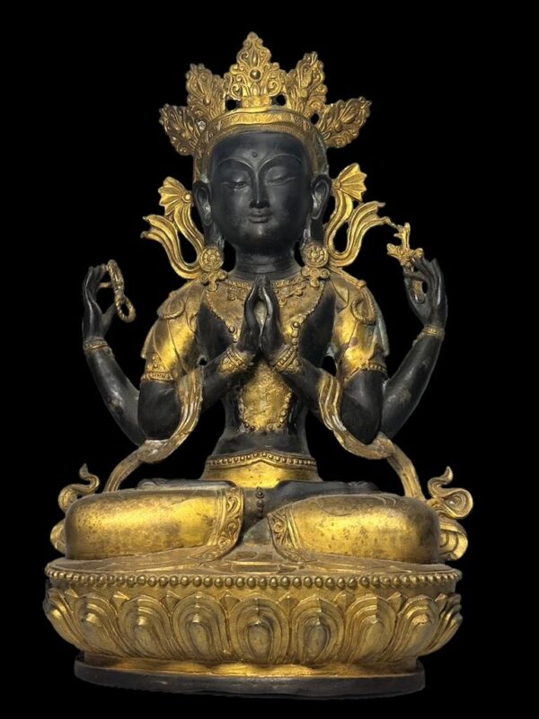 18" Old Sino-Tibetan Gold Gilded Four Armed Avalokiteshvara - Image 1