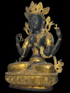 18" Old Sino-Tibetan Gold Gilded Four Armed Avalokiteshvara - Image 3