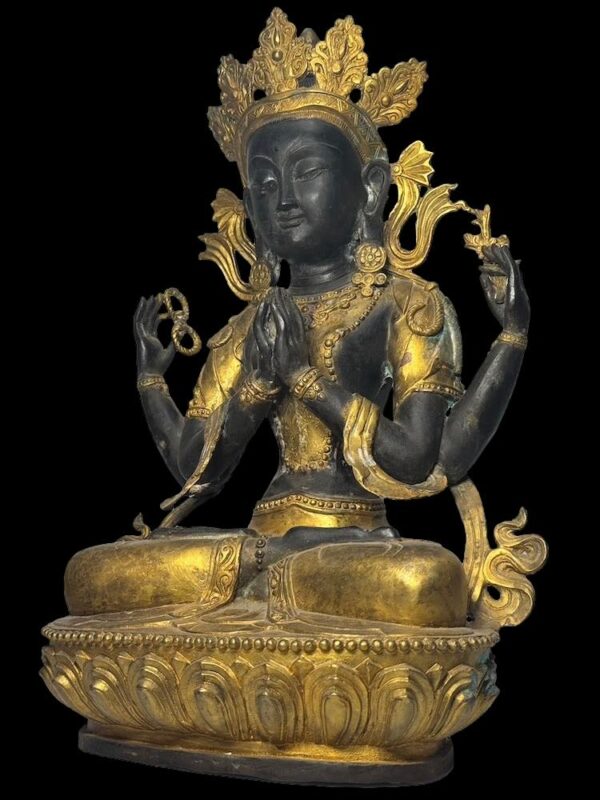 18" Old Sino-Tibetan Gold Gilded Four Armed Avalokiteshvara - Image 3
