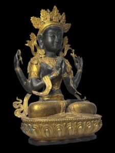 18" Old Sino-Tibetan Gold Gilded Four Armed Avalokiteshvara - Image 2