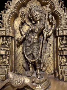 Brass Cast Ornate Saraswati Shrine On Base India - Image 5