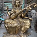 Life Size Brass Saraswati Seated On Lotus Base