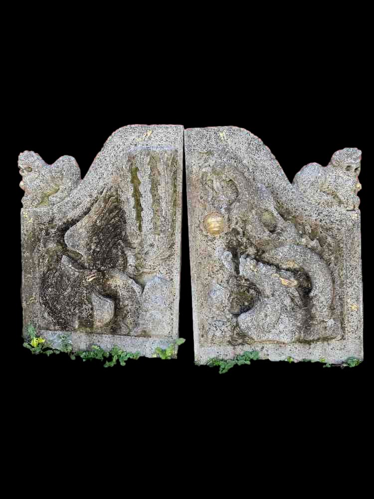 Antique Chinese Dragon Phoenix Stone Gate Pair