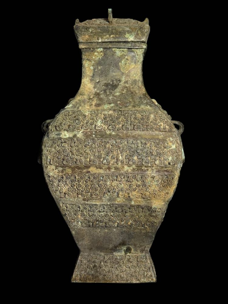 Four Sided Fanghu Bronze Wine Vessel Zhou Era Style