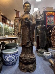 63" Antique Bronze Buddha Standing Atop The Lotus Base - Image 2