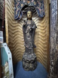 63" Antique Bronze Guan Yin Standing Atop The Lotus Base - Image 2