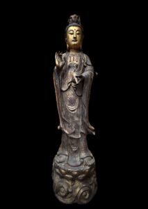 63" Antique Bronze Guan Yin Standing Atop The Lotus Base