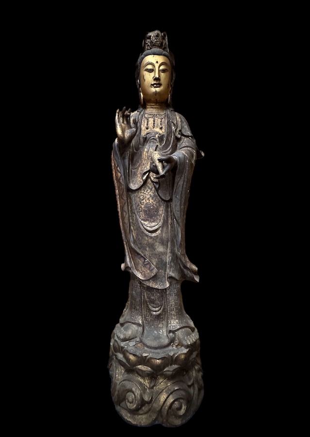 63" Antique Bronze Guan Yin Standing Atop The Lotus Base