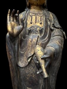 63" Antique Bronze Guan Yin Standing Atop The Lotus Base - Image 4