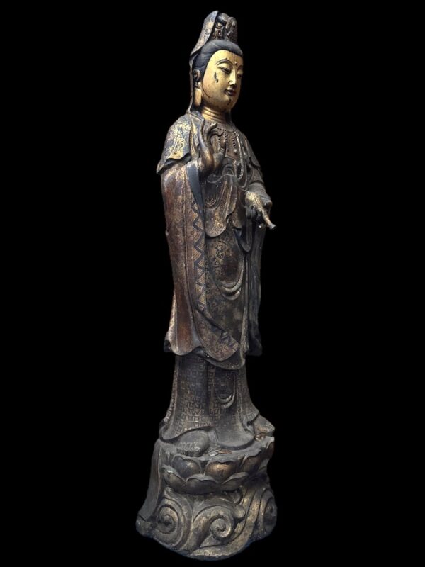 63" Antique Bronze Guan Yin Standing Atop The Lotus Base - Image 12