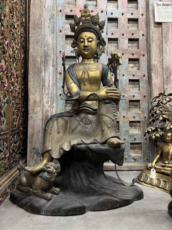 51" Antique Bronze Bodhisattva Vadisimha Manjushri (Wenshu) - Image 3