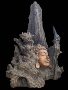 Hand Carved Buddha Face In Tree Burl Log - Image 2