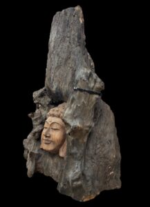 Hand Carved Buddha Face In Tree Burl Log - Image 3