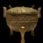 Antique Chinese Bronze Thunder & Cloud Tripod Ding (Cauldron)