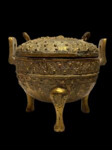 Antique Chinese Bronze Thunder & Cloud Tripod Ding (Cauldron)