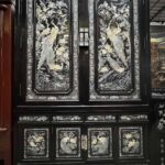 Vintage Korean Black Lacquer Wedding Cabinet Inlaid Peacock
