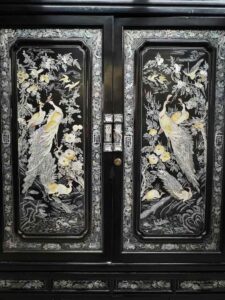 Vintage Korean Black Lacquer Wedding Cabinet Inlaid Peacock - Image 3